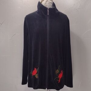 Seventh Avenue Black Velour Zipped Cardigan with Cardinal Embroidery 1X